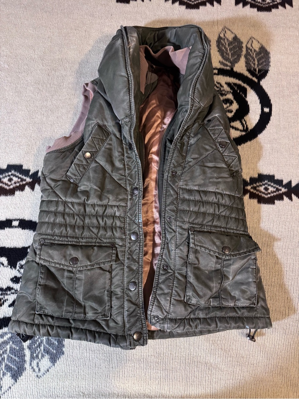 Y2K Triple Five Soul Quilted Sleeveless Puffer Vest in Olive with Pink Lining
